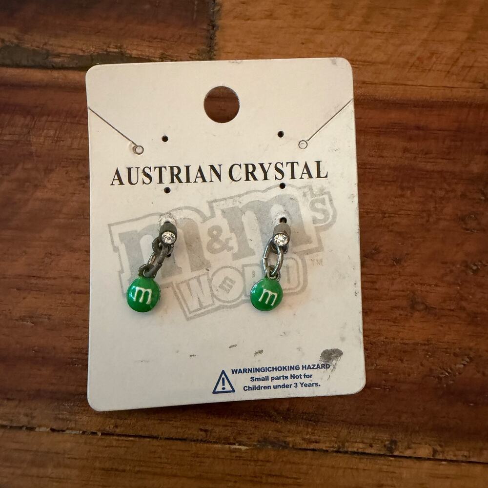 M&M's Green Candy Dangle Earrings Austrian Crystal Silver Tone on Original Card